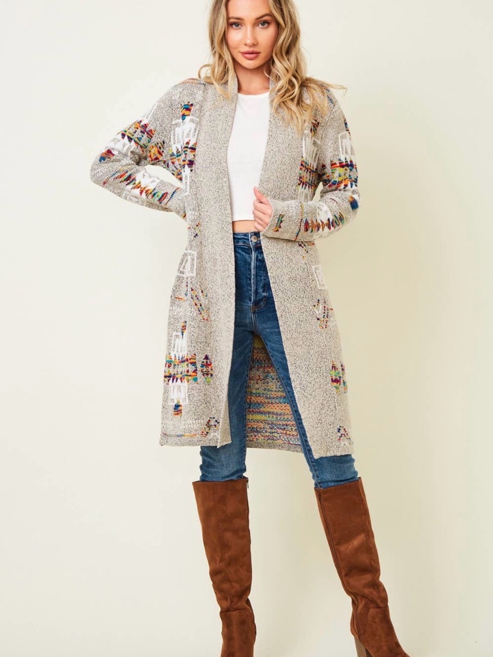 Northern Angel by Anthropologie Knit Long Cardigan Sweater - Cream Multicolor